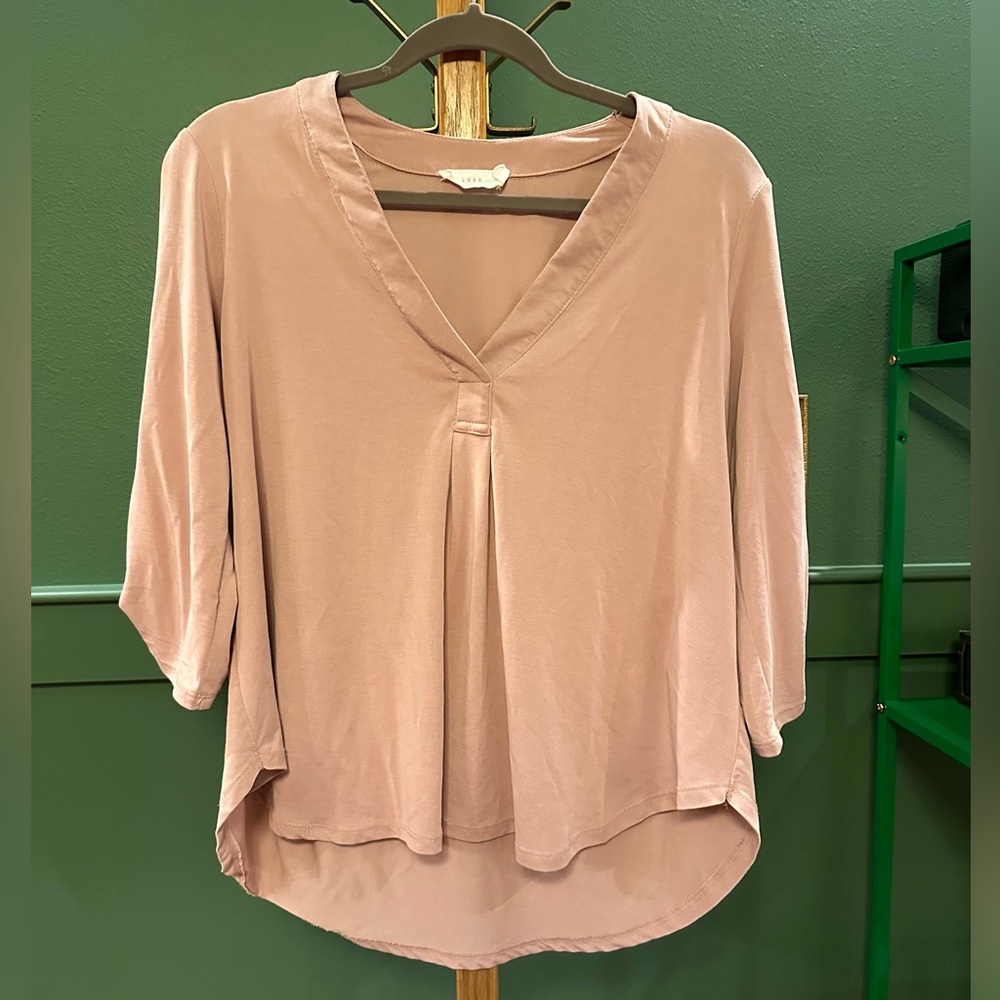 Dusty Pink Soft V-Neck Blouse with Button-Tab 3/4 Sleeves